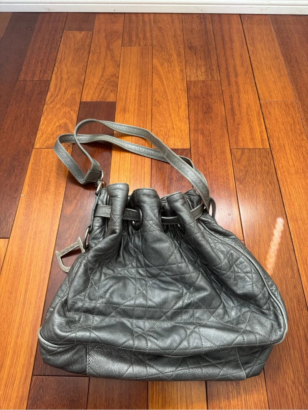 Authentic Dior Metallic Gray Quilted Drawstring Shoulder Bag